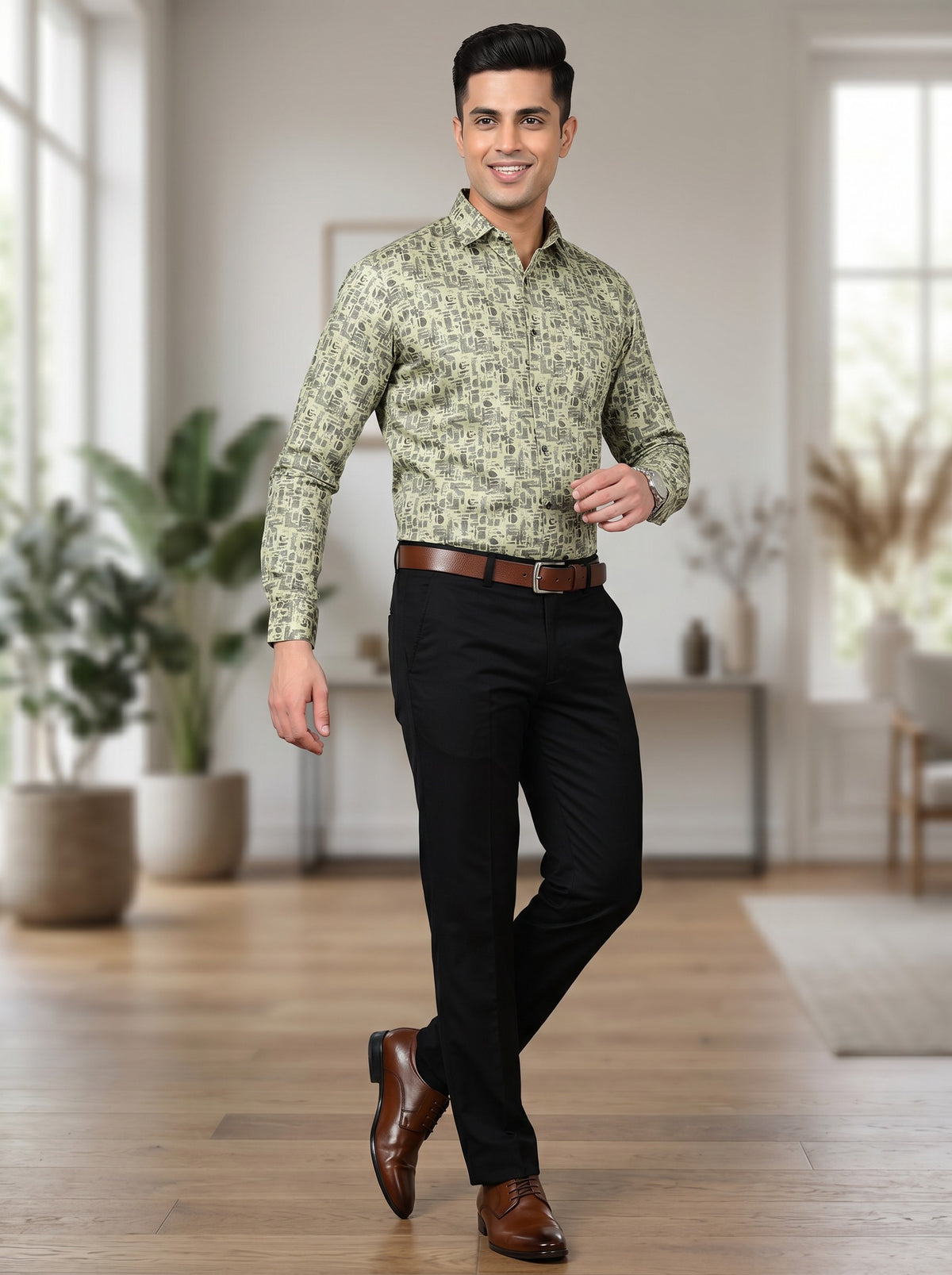 Olive Beige Abstract Print Shirt