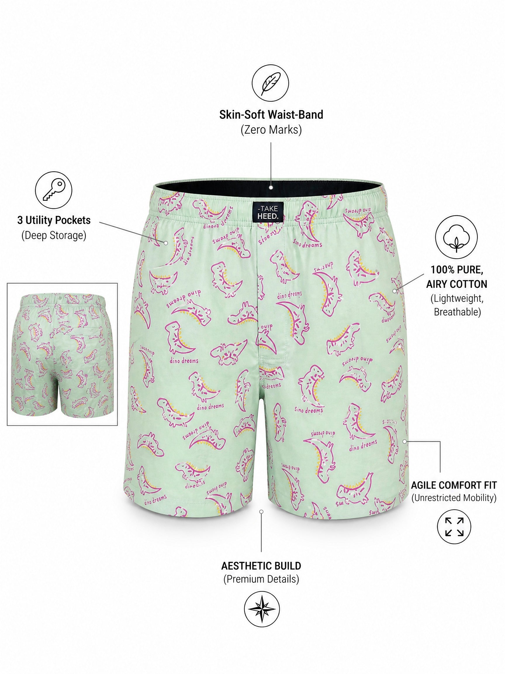 Dino Dreams Pale Green Printed Boxers