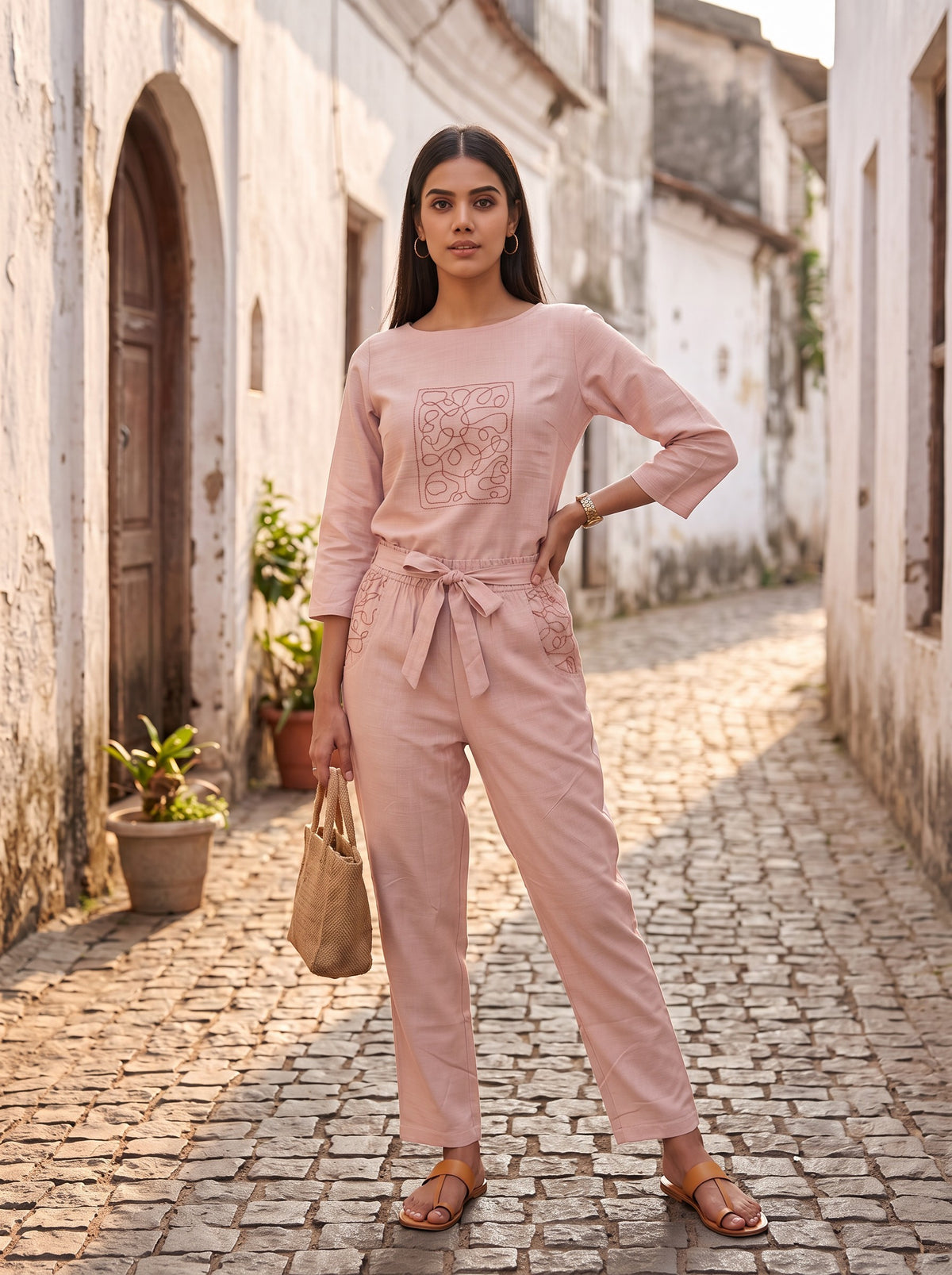 Pink Linen Embroidered Co-ord