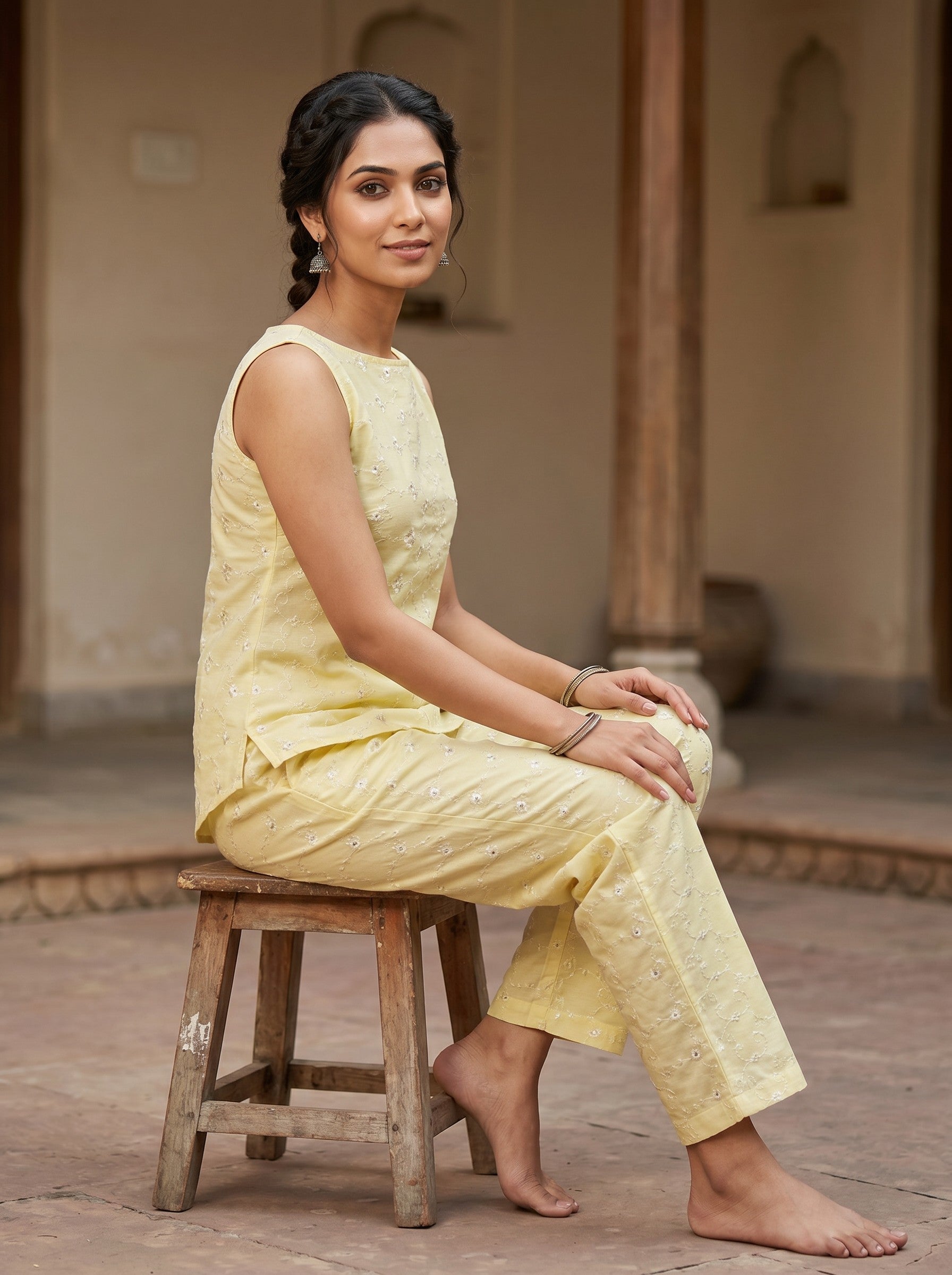 Yellow Embroidered Cotton Set