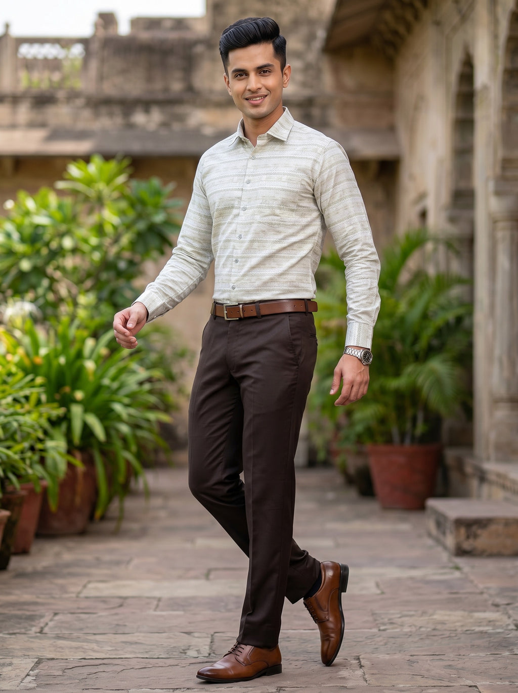 Ivory Green Ethnic Chevron Shirt