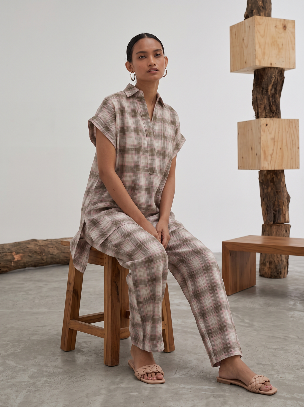 Pink Check Kaftan Top and Pant Co-ord Set