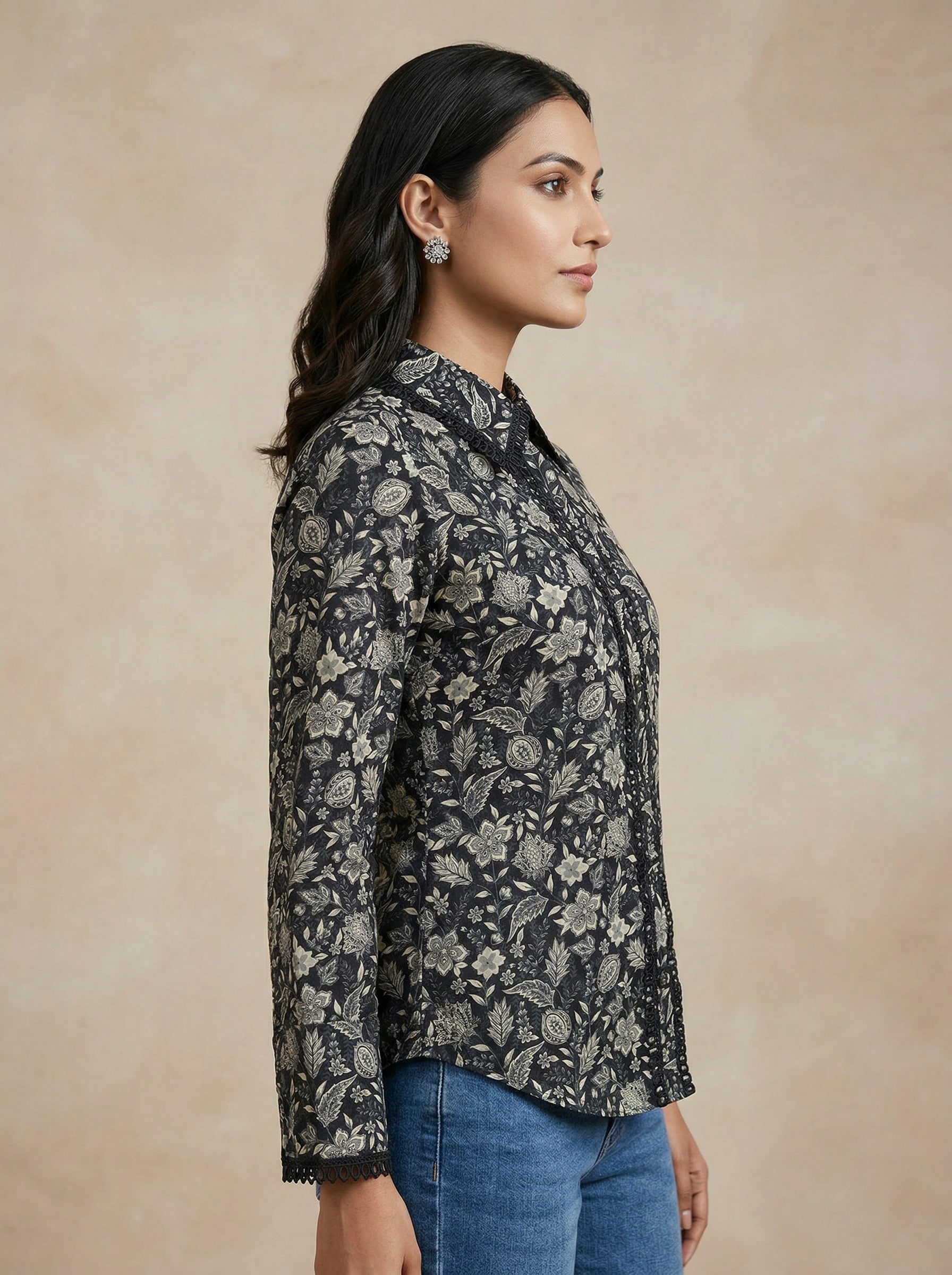 Black Floral Print Lace Top