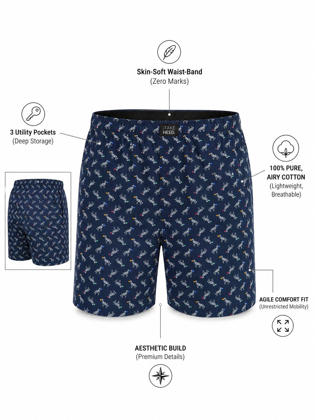 Navy Blue Zebra Printed Boxer Shorts