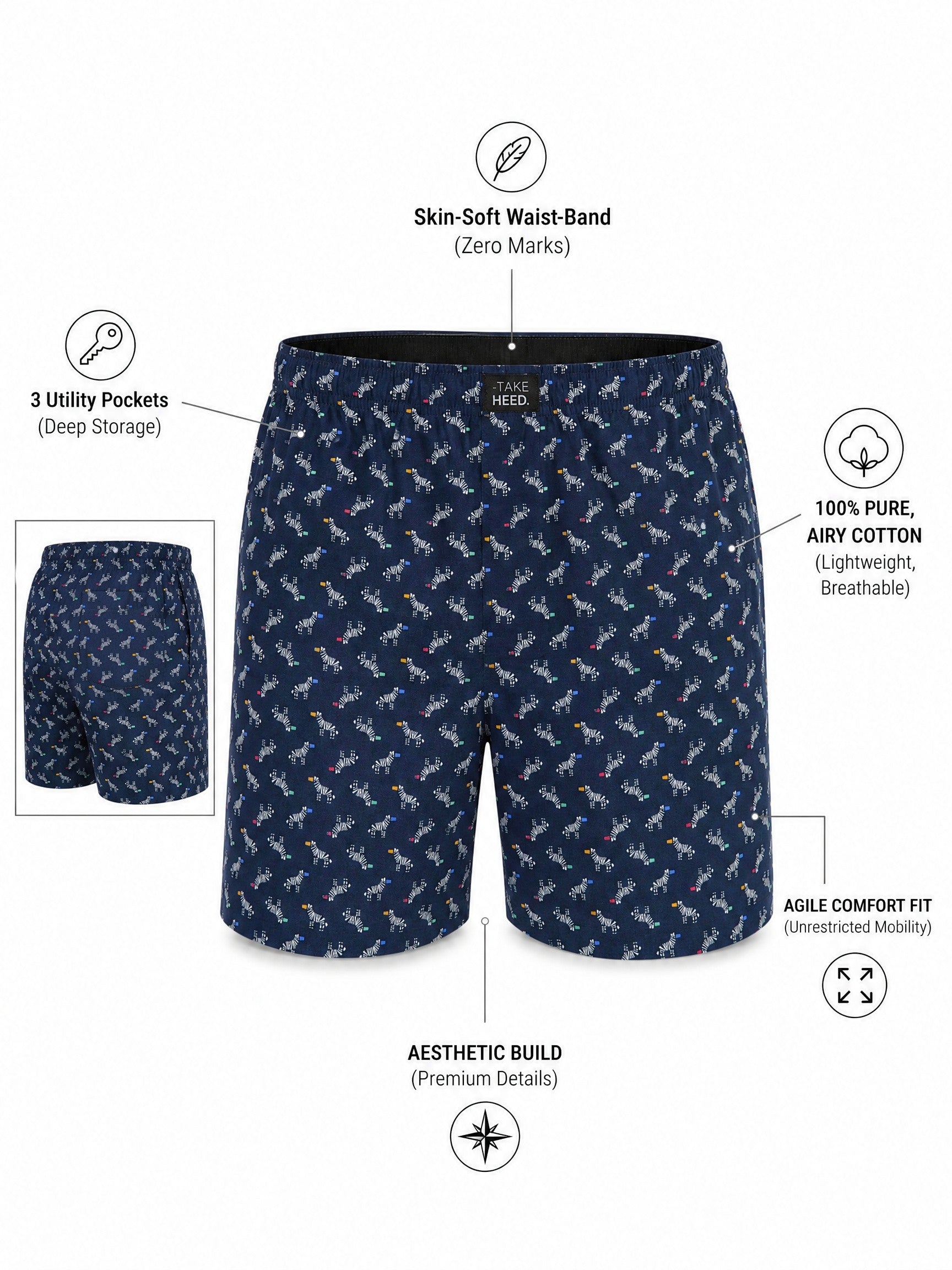 Navy Blue Zebra Printed Boxer Shorts
