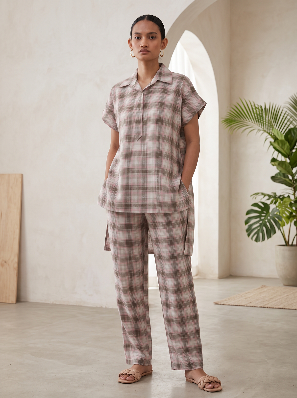 Pink Check Kaftan Top and Pant Co-ord Set
